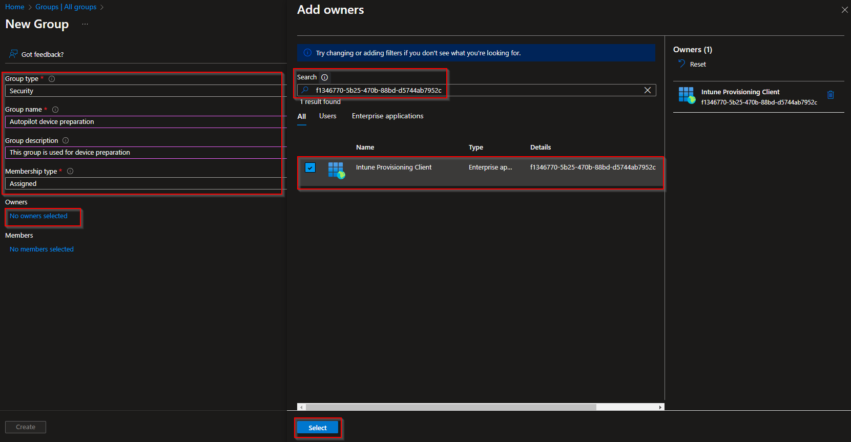 Configuring security group type, name, and owners